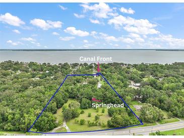 Expansive aerial view of canal front property with mature trees and a large springhead on a sunny day at 27113 Robertson Rd, Yalaha, FL 34797