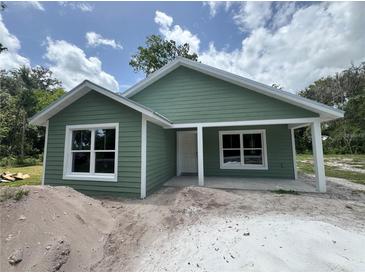 Charming green home with white trim, a cozy porch, and bright windows, set against a backdrop of blue skies and scattered clouds at 891 Cr 482C, Lake Panasoffkee, FL 33538