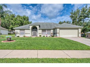 Charming single-story home with a well-manicured lawn, attached two car garage, and inviting entryway at 1132 Hill Mount Dr, Minneola, FL 34715