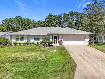 Charming single-story home featuring a well-manicured lawn, lush landscaping, and an attached two-car garage at 27141 Racquet Cir, Leesburg, FL 34748