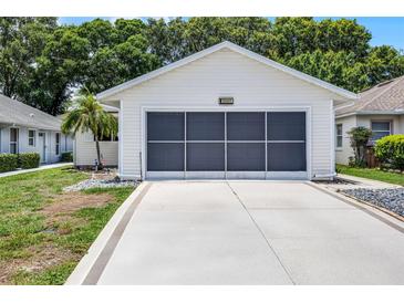 Garage of a one-story home featuring a large, screened-in garage door and concrete driveway at 5507 Laver St, Leesburg, FL 34748