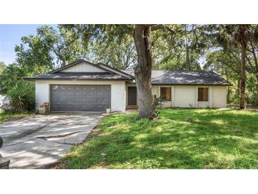 Charming single-story home with a gray garage door and lovely front lawn at 15925 Summit Ct, Clermont, FL 34711