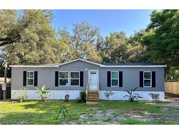 Charming single-story home with gray siding, black shutters, and a well-maintained lawn at 207 Skyline Dr, Lady Lake, FL 32159