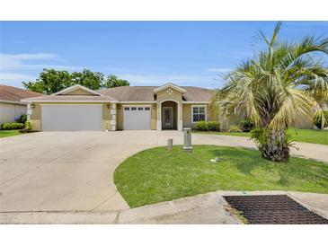 Charming single-story home featuring a well-manicured lawn, mature palm tree, and a spacious three-car garage at 12407 Ne 48Th Loop, Oxford, FL 34484