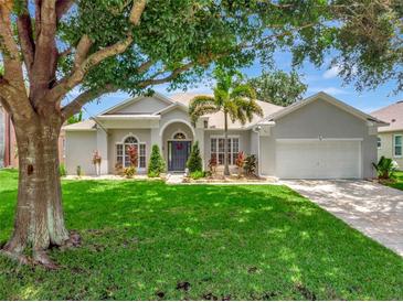 Charming one-story home with a beautiful lawn, mature trees, and well-manicured landscaping at 233 Largovista Dr, Oakland, FL 34787