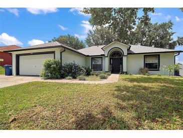 Charming single-story home featuring a well-manicured lawn, landscaping, and an attached two car garage at 6001 Pine Bluff Ln, Mascotte, FL 34753