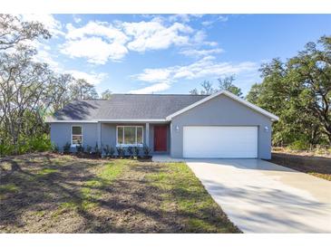 Charming single-story home with a well-manicured lawn, attached garage, and bright red front door at 700 Fisher Rd, Ocklawaha, FL 32179