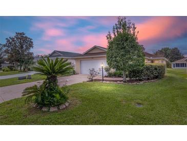 Well-maintained front yard with lush lawn, tropical plants, and a charming one-story home in the background at 9481 Sw 93Rd Loop, Ocala, FL 34481