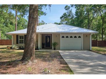 Charming single-story home with a light beige exterior, a white metal roof, and a well-maintained front lawn at 3005 Se 156Th Place Rd, Summerfield, FL 34491