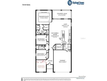 Four-bedroom home floor plan showcasing an open layout, spacious kitchen, and covered lanai at 1097 Mountain Flower Ln, Davenport, FL 33837