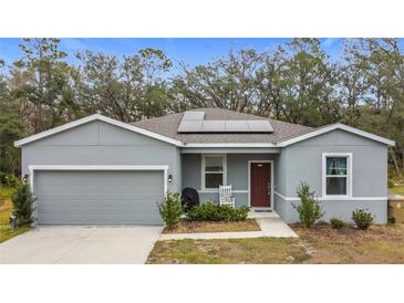 Single-story home with gray siding, solar panels, and a two-car garage at 812 Del Prado Dr, Kissimmee, FL 34758