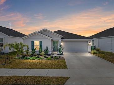 Charming single-story home featuring a well-manicured lawn, a two-car garage, and a neatly landscaped yard at 34575 Shellback St, Leesburg, FL 34788