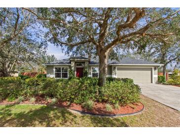 Charming single-story home features mature landscaping, mulch flowerbeds, and a red front door at 560 Hatchwood Dr, Haines City, FL 33844