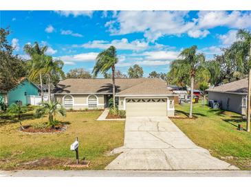 Charming home featuring a well-manicured lawn, a two-car garage, and a driveway, set under a blue sky at 7997 Kaitlin Cir, Lakeland, FL 33810