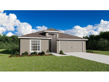 Charming single-story home featuring neutral stucco, a two-car garage, and a well-manicured lawn at 1327 Mottled Duck Ln, Lakeland, FL 33811