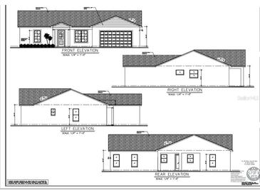 Blueprint elevations of a single-story home with a front-facing garage at 3611 E Gaskin Rd, Bartow, FL 33830