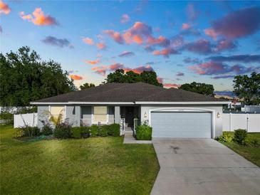 Charming single-story home with a well-manicured lawn, lovely landscaping, and a two-car garage at 3425 Sutton Ridge St, Lakeland, FL 33810