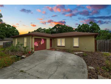 Charming single-story home with a unique flamingo painted garage door and a spacious driveway at 137 Leitha Way, Lakeland, FL 33809