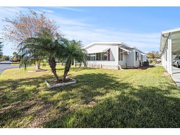 Bright home featuring manicured lawn, a carport, and decorative palm trees at 6087 Southern Oaks Se Dr, Winter Haven, FL 33884