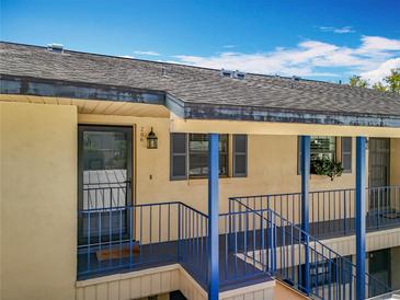 Condo featuring a private porch with blue railings, offering a welcoming entrance to the home at 110 N Tremain St # 206, Mount Dora, FL 32757