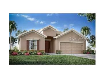 Charming single-Gathering home featuring a two-car garage, neutral color palette, and well-manicured front lawn at 1823 Daystar Dr, Haines City, FL 33844