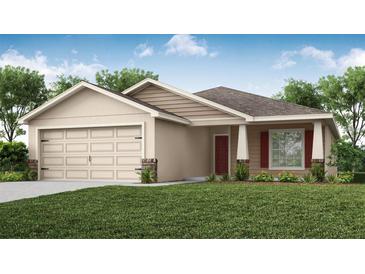 Beautiful single-story home with a two-car garage, red front door, and well-maintained lawn at 1424 Fleur Dr, Davenport, FL 33837
