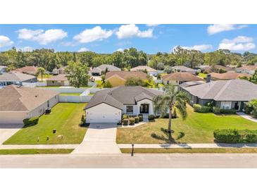 Charming single-story home with manicured lawn, mature palm tree, and inviting double-door entrance at 5458 Oakford Dr, Lakeland, FL 33812