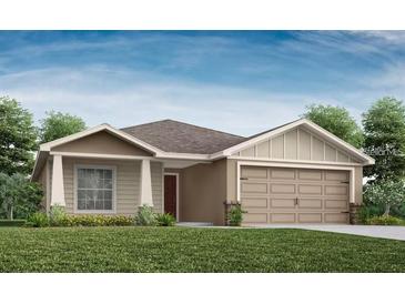 Charming single-story home with neutral color palette, well-manicured lawn, and attached two-car garage at 1859 Daystar Dr, Haines City, FL 33844