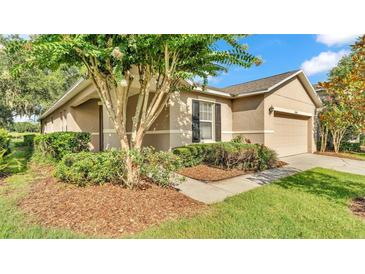 Charming home exterior featuring a well-manicured lawn and lush landscaping, with a tan exterior at 6964 Lake Eaglebrooke Dr, Lakeland, FL 33813