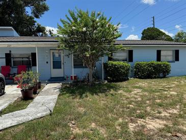 Charming single story home with a tree, lush bushes, and cheerful front door at 225 W Orange St, Lake Alfred, FL 33850