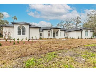 White two-story house with a gray roof, arched windows, and walkway at 1371 Melonie Trl, New Smyrna Beach, FL 32168