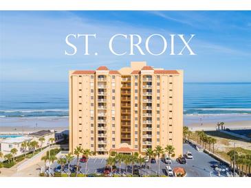 St. Croix beachfront building aerial view, showcasing oceanfront location at 3145 S Atlantic Ave # 804, Daytona Beach Shores, FL 32118