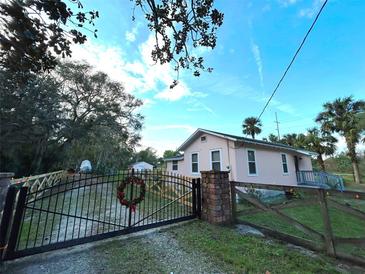 Pink house with a black metal gate and a spacious yard at 388 N Glencoe Rd, New Smyrna Beach, FL 32168