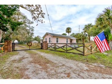 Pink house with a black metal gate and a wooden fence at 388 N Glencoe Rd, New Smyrna Beach, FL 32168