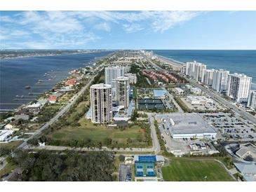 Aerial view of coastal community with oceanfront high-rise buildings at 1 Oceans West Blvd # 5A3, Daytona Beach, FL 32118