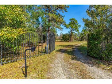 Gated entrance to a private property with a long gravel driveway at 4045 Jason St, New Smyrna Beach, FL 32168