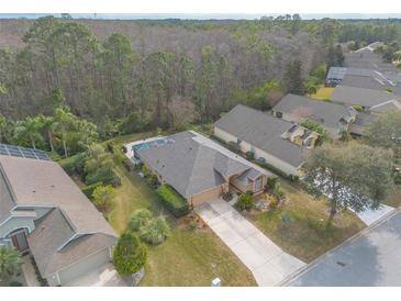 Aerial view of a house with pool, showcasing the property and surrounding neighborhood at 1155 Kilkenny Ln, Ormond Beach, FL 32174