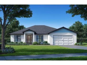 One-story home with a two-car garage, attractive landscaping, and a light-blue accent at 534 N Myrtle Ave, New Smyrna Beach, FL 32168