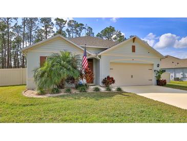 Charming single-story home with a manicured lawn, mature landscaping, and an attached two-car garage at 114 Sunset Point Dr, Ormond Beach, FL 32174