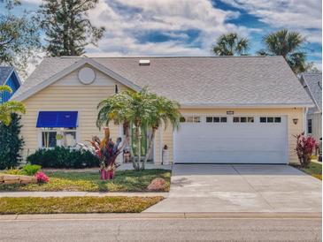 Charming yellow single-story home featuring a well-manicured lawn and an attached two-car garage at 751 Pine Shores Cir, New Smyrna Beach, FL 32168