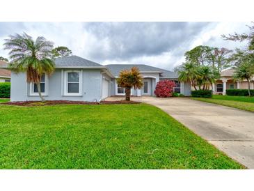 Charming home boasts a well-maintained lawn, mature palm trees, and a quaint, inviting exterior at 2708 Turnbull Estates Dr, New Smyrna Beach, FL 32168