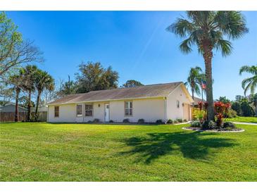 Charming single-story home featuring a well-maintained lawn, palm trees, and a classic American flag at 3403 Kumquat Dr, Edgewater, FL 32141