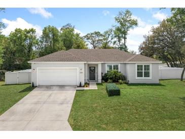 Charming single-story home with a well-manicured lawn, fresh landscaping and a white two-car garage at 1290 9Th St, Orange City, FL 32763