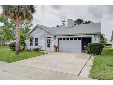 Charming single-story home features an attached garage, landscaped front yard, and mature palm trees enhancing curb appeal at 731 Pine Shores Cir, New Smyrna Beach, FL 32168