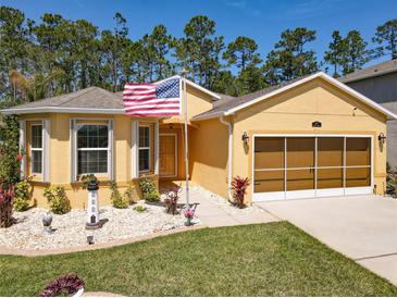 Charming yellow home featuring a well-manicured lawn, lovely landscaping and an inviting entrance at 1827 Palmetto Scrub Cir, Port Orange, FL 32128