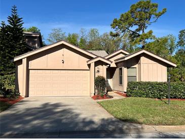 Charming single-story home featuring a two-car garage, well-maintained lawn, and beautiful landscaping at 1918 Whisperwood Way # 10, Port Orange, FL 32128