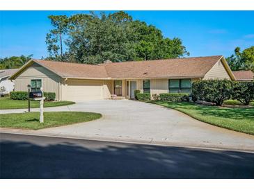 Charming single-story home with a well-manicured lawn and circular driveway, perfect for a welcoming curb appeal at 257 Sweet Bay Dr, New Smyrna Beach, FL 32168