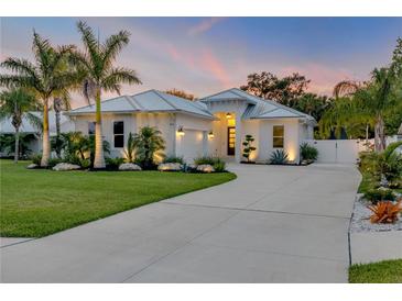 Beautiful exterior of a modern home with a well-manicured lawn, palm trees, and a concrete driveway at 102 Inlet Shores Dr, New Smyrna Beach, FL 32168