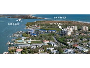 Beautiful aerial view of the marina and Ponce Inlet near 265 Minorca Beach Way condo in New Smyrna Beach, Florida at 265 Minorca Beach Way # 902, New Smyrna Beach, FL 32169
