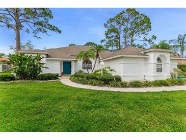 Charming single-story home featuring a lush green lawn, tropical landscaping and a bright blue front door at 484 Sweet Bay Ave, New Smyrna Beach, FL 32168